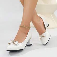 High-Gloss White Patent Leather Chunky Heels For Women, Versatile Pumps With Bowknot Rhinestones For Weddings, Perfect For Commuting And Dating, Comfortable, Soft-Soled, Spring Style - White - View 5