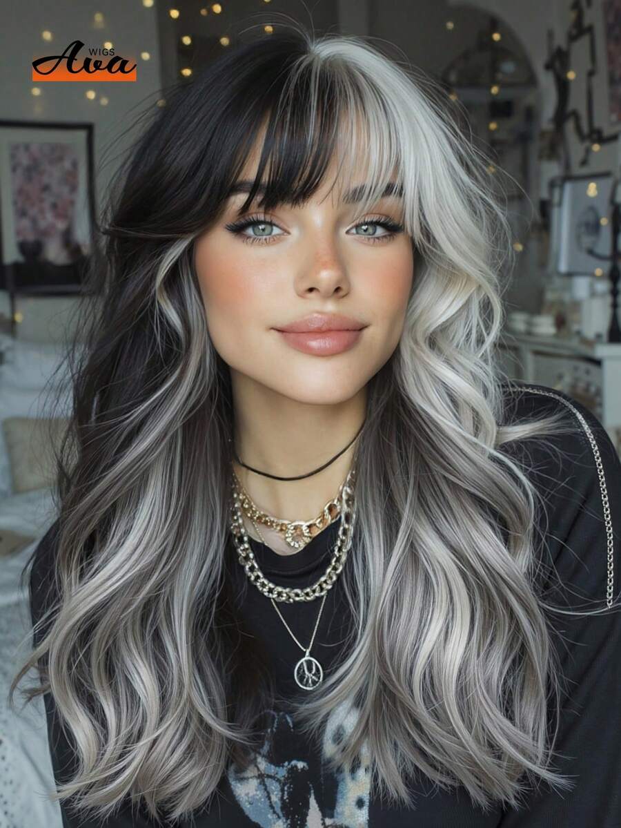 22 Inch Two-Tone Color Black And White Medium-Length Curly Wave Wig With Bangs Layered Wig Synthetic Heat Resistant Wig For Women Soft Easy-Care Suitable For Daily Work Party Festival Holiday Everyday Wear Perfect Festivals Gift For Ladies - Hai tông màu - Xem 1