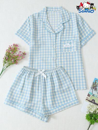 Sanrio 2pcs/Set Women's Spring/Summer Sanrio Hello Kitty Pocket Embroidered Plaid Print Lapel Short Sleeve Button Top And Bow Shorts Pajama Set, Suitable For Home Wear