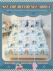 Bluey 卡通数码印花床笠，床上用品，床垫保护套，透气防起球，柔软亲肤，卡通图案床罩，适用于单人床、双人床、大号床、特大号床，多种尺寸可选（不含枕头和枕套），可机洗。 - 藍白色 - 查看 9