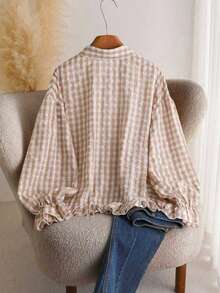 Plaid Shirt With Ruffle Trim, Button Front, Short Front Long Back, Pleated Ruffle Hem/Ruffle Vacation