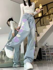 休闲蝴蝶心形牛仔口袋拉链猫须图案高腰女式牛仔裤，适合日常穿着和所有季节 - 藍色 - 查看 6