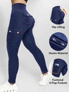 ChicMe Damen High-Waist Jeans mit Klapptaschen und Metallknöpfen, Slim Fit dehnbare Lässig Jogginghose, geeignet für Sport und Laufen - Blau - Übersicht 2