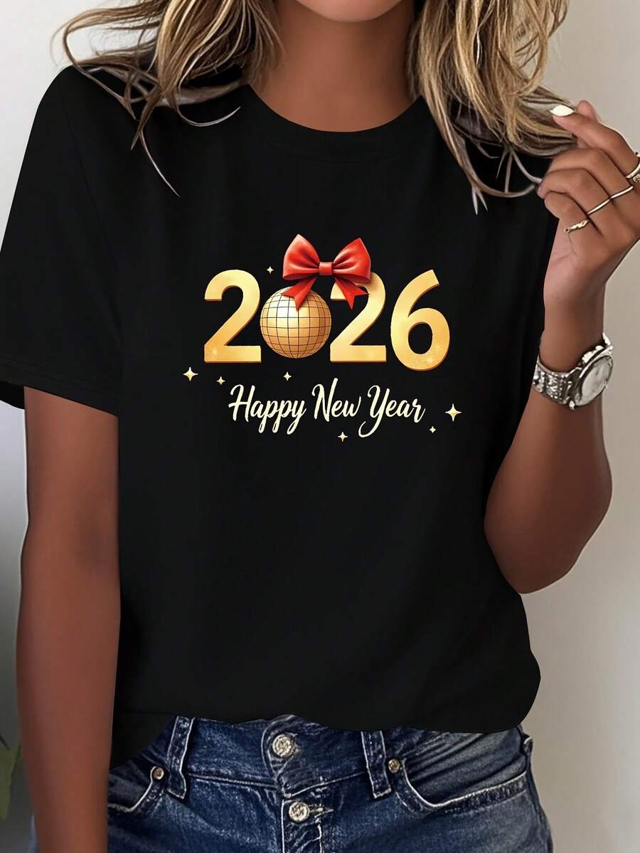 Camiseta De Mujer 2026 Año Nuevo Y Navidad - Estampado Bola Dorada Disco & Lazo Rojo, Manga Corta Cuello Redondo, Atuendo Casual Para Fiestas De NYE, Ropa Lavable A Máquina Primavera Verano - Oscuro - Ver 1