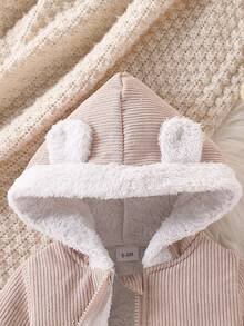 Áo khoác trùm đầu lót lông giữ nhiệt vải nhung kẻ 3D dễ thương cho bé gái, mùa thu/đông - Màu be - Xem 3