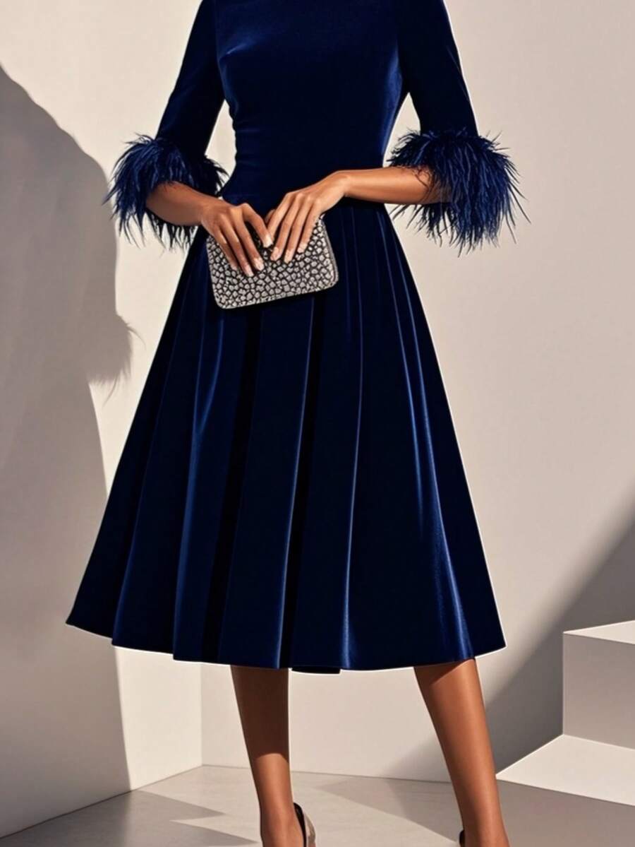 Magic Mia Women's Elegant Navy Blue Velvet Midi Dress - Long Slevees Feather Cuff Midi With A-Line Flared Skirt | Elegant Gown For Wedding Guest, Formal Parties & Special Occasions &Holidays - 藍色 - 查看 1