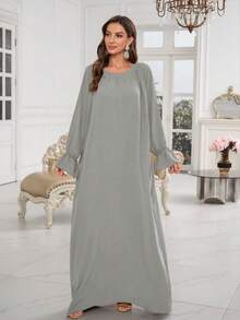 1pc New Soft Floral Sleeve Muslim Dress Without Hijab, Elegant Pleated Collar Design, Classic Versatile Abaya, Suitable For All Seasons