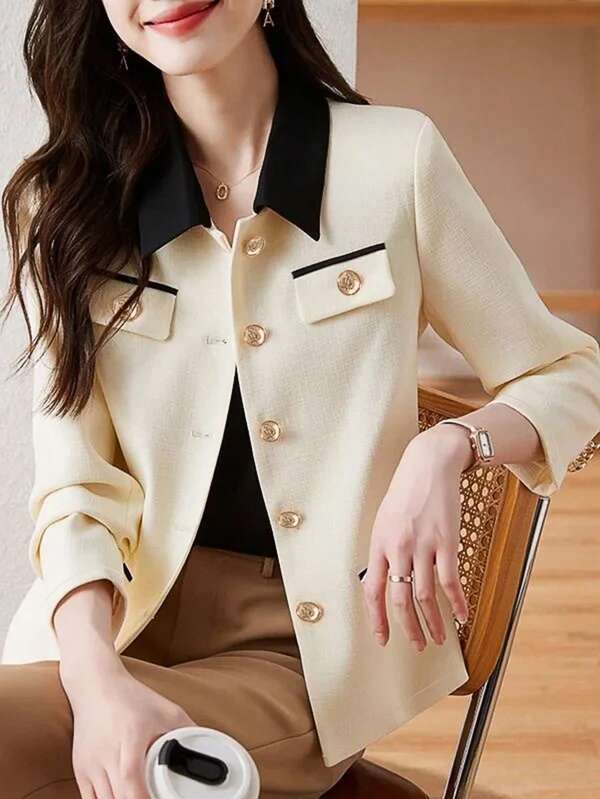Women's Contrast Color Casual Elegant Metal Buckle Short Jacket, Long Sleeve, Suitable For Autumn/Winter