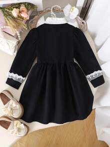Young Girl' Elegant French Aristocrat Style Lace Trim Bow Collar Long Sleeve Princess Dress - Black - View 2