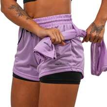 Women's Double Gym Shorts With Hidden Pocket Back Loop For Towel/Perforated Dryfit T-Shirt - Màu Lilac Tím - Xem 5
