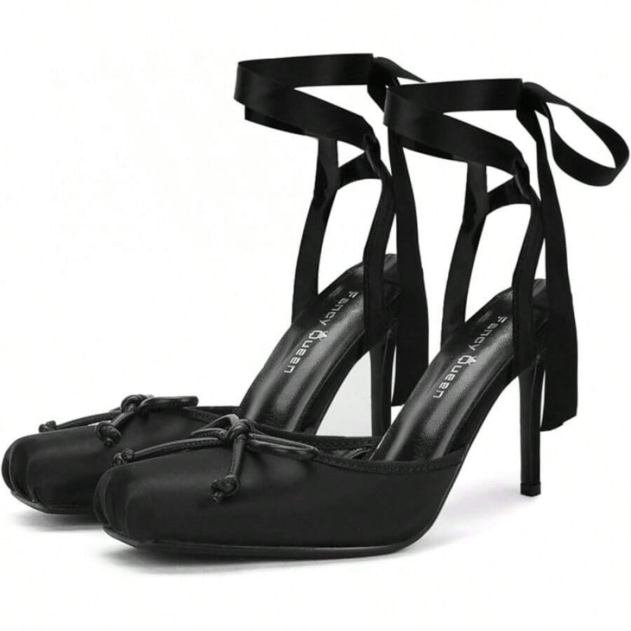 Ballet Heels For Women Stiletto Slingback Heels Satin Strappy Bow Square Toe High Heel Pumps Lace Up Mary Janes Elegant Party Shoeshalloween - Black - View 1