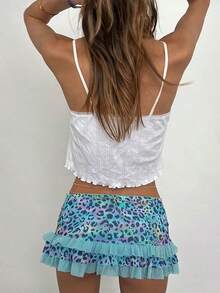 Women Mini Short Skirt Low Waisted Leopard Print Ruffle Lace Edge Fashion Short Skirt - Màu xanh lam - Xem 6