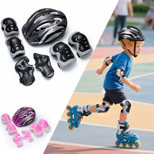 Kids Helmet Knee Elbow Pads Wrist Guard Sport Protective Gear Adjustable Scooter Skateboard Roller Bike Skate Cycling Safety Set For Boy Girl 3-12 Years