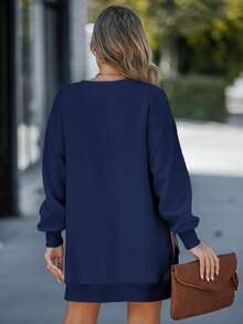 ChicMe 女式圆领长袖套头衫连衣裙拉链开衩设计仿两件套纯色休闲超大码服装适合日常街头