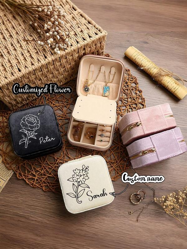 1pc Customized Velvet Jewelry Box With Mirror, Personalized Printing Name Portable Jewelry Case, Elegant & Romantic, Essential For Autumn, Multi-Functional, Durable, Decorative, Reusable, Exquisite, Fashionable, High-Quality, Colorful, Modern, Customized, Personalized, Suitable For Anniversary, Valentine's Day, Mother's Day, Birthday