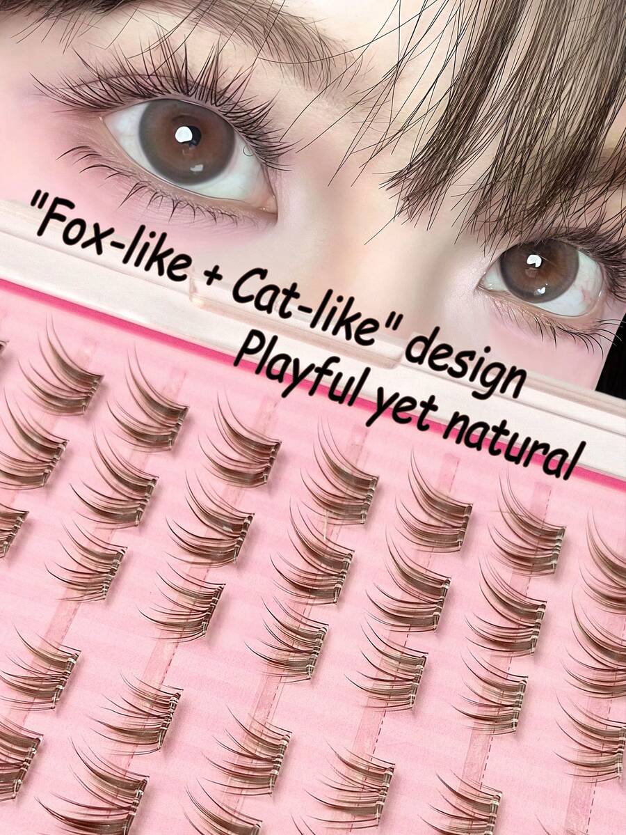 Asiteo 60/120/180片 C型卷棕色卡通自粘假睫毛，无需胶水，柔软自然，适合新手，“狐狸+小猫”设计，可爱俏皮又自然的卡通系列分段式假睫毛