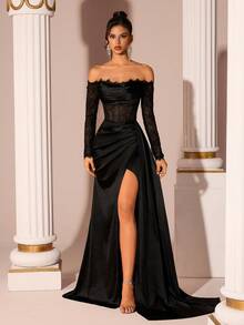 Women's Elegant Off Shoulder Long Sleeve Lace Patchwork Sheer Slit Long Tie Back Dress, Suitable For Prom, Party, Birthday, Date Night, Homecoming, Wedding Guest, Formal Dinner