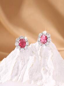 1 par de pendientes de botón de flor con micro-incrustaciones de circonita de lujo y delicados, de cobre, aptos para el uso diario