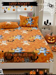 Bluey Halloween Digital Print Bedsheet,  Bedding, Mattress Protector, Bed Cover, Fitted Sheet, Comfortable Home Textile, Breathable Anti-Pilling Mattress Protector, Soft & Skin-Friendly, Pumpkin Lantern  Pattern, Cartoon Pattern Bed Cover,  Home Decor, Soft & Comfortable Bedroom Bedding - Multicolor - View 4