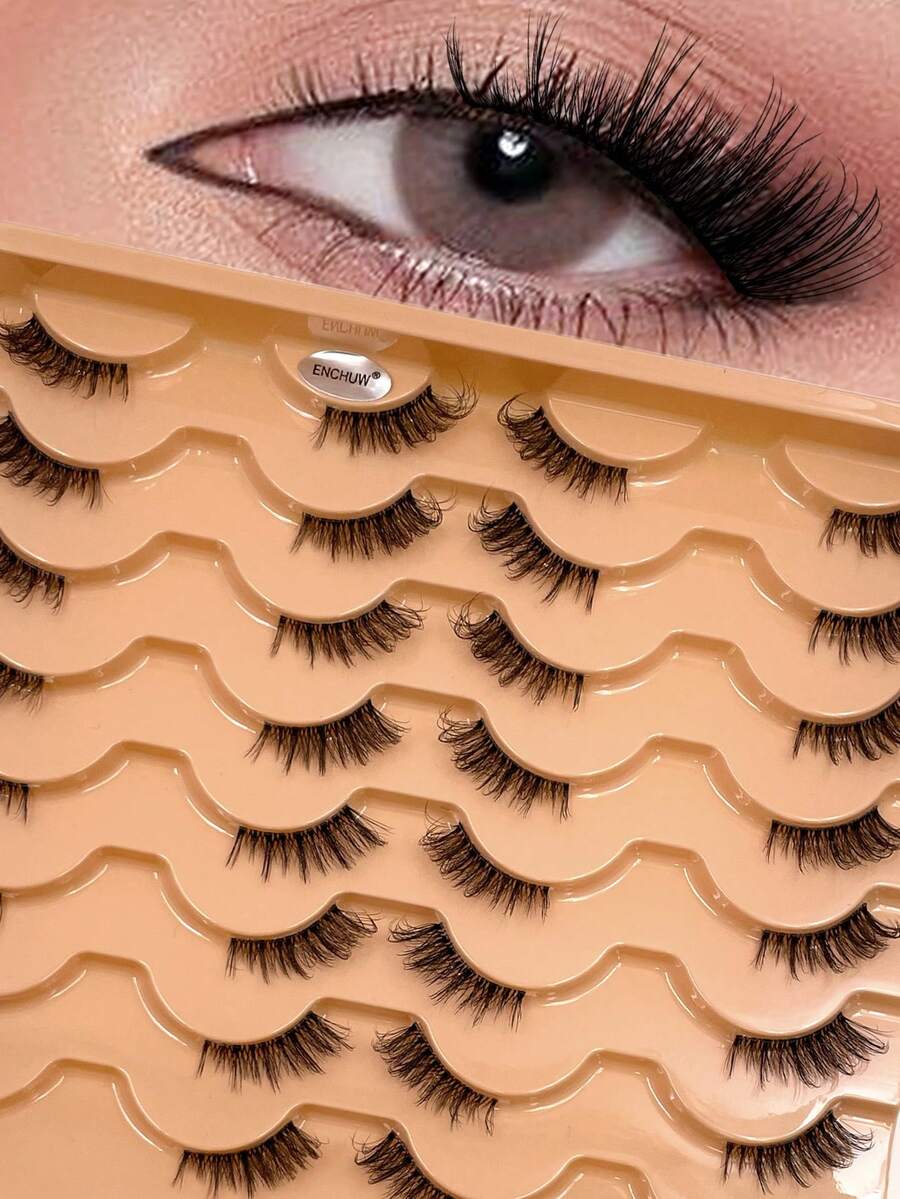 ENCHUW 16 Pairs Half Eye Lashes Clear Band Faux Mink Lashes Cat Eye Lashes Natural Eyelash Extension - Black - View 1