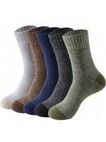 5 Pairs Of Mixed Color Men's Mid Length Socks, Warm And Thick Winter Long Socks, Knitted Fabric, Crew Socks Plush Couple Socks