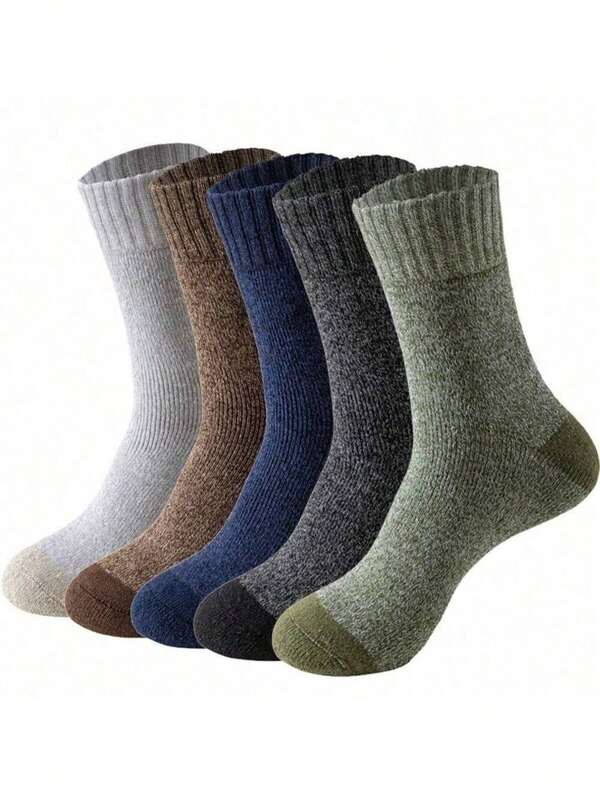 5 Pairs Of Mixed Color Men's Mid Length Socks, Warm And Thick Winter Long Socks, Knitted Fabric, Crew Socks Plush Couple Socks
