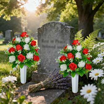 1/2 件人造墓地花 Forrave 纪念玫瑰花户外墓地花 Forrave 花瓶墓地插花（含花瓶）