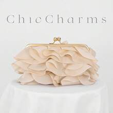 Women's Elegant Floral Petal Clutch Bag, Ruffle Design Handbag For Evening Party, Apricot Color Purse, Suitable For Wedding/Vacation/Formal Event/Prom, Comes With Chain Strap, Random Petal Shape, Wedding Items - Apricot - View 9