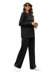 OFEEFAN Women's 2 Piece Lounge Set Travel Airport Outfits Side Slit Tracksuit Wide Leg Loungewear Baggy Comfy Sweatsuit S-3XL - màu nâu - Xem 7
