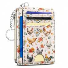 Chicken Rooster Credit Card Holder Small Wallet Women, Flowers Slim RFID Blocking Wallet Woman Keychain With Zipper Coin Pocket, Front Pocket Thin Travel Card Case With ID Window Ladies Gifts{"Color_name":"Chicken"} - 多色24 - 查看 1