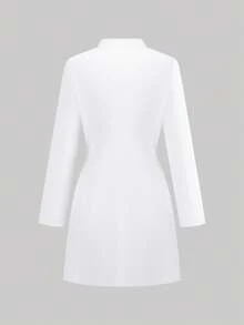 cimmuovere 女士长袖开襟圆领弹力腰身修身护士服工作服牙医保健宠物医院实验室工作服白色春季款 - 白色 - 查看 2