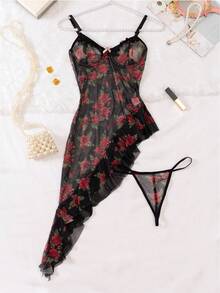 2 件蕾丝网印花透明性感内衣套装，不对称荷叶边下摆交叉带长裙和短裤睡衣 - 綠色 - 查看 8