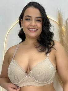 Plus Size Bra With Reinforced Microfiber Lace - Beige - View 1