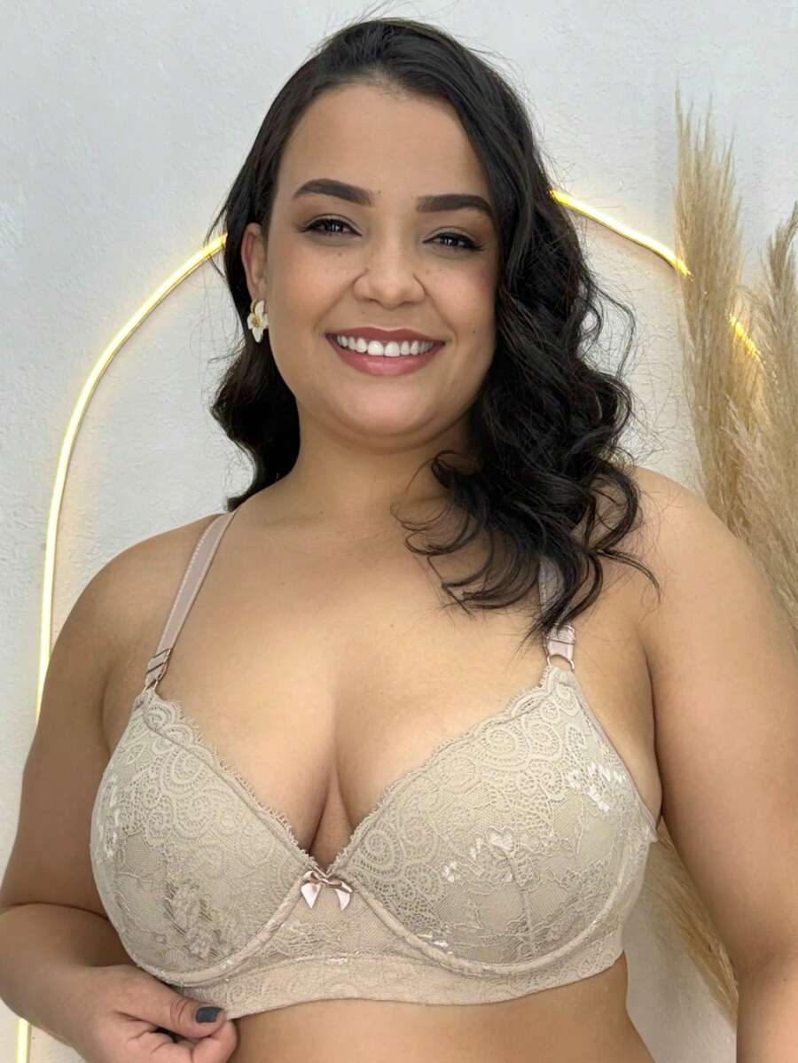 Plus Size Bra With Reinforced Microfiber Lace - Beige - View 1