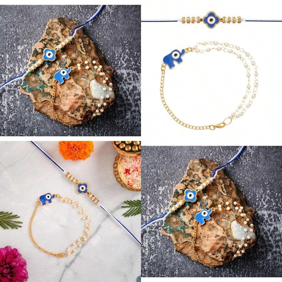 Eximious India Evil Eye Rakhi For Brother And Bhabhi Traditional Lumba Designer Fancy Bracelet On Rakshabandhan Traditional - Blue - View 1