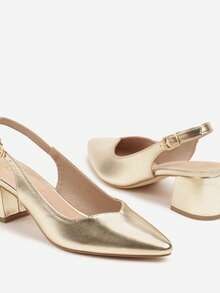 Sapatos de salto alto elegantes com bico fino e tira no calcanhar - Sapatos femininos para festa/noite de verão - Ouro - Ver 6