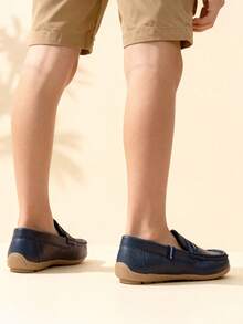 2025 New British Style Kids Casual Versatile Soft Bottom Slip-On Loafers With Woven Strap - Navy Blue - View 3