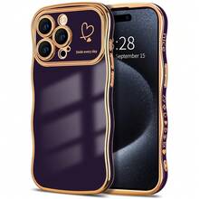 For IPhone 15 Pro Max Case Wave Wavy Phone Cases With Love Heart, Luxury Plating Edge Cute Curly Shape Cover For Women Girls, Thin Slim Soft TPU Rubber Shockproof Protective Cover, Dark Purple{"Color_name":"DarkPurple","Size_name":"ForiPhone15ProMax-6.7inch"} - 多色29 - 查看 1