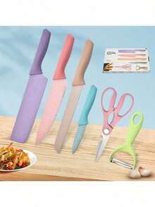 Juego de cuchillos profesionales de cocina, set de 6 piezas, colores multicolor, material de paja de trigo, cuchillos para cortar frutas, carne, alimentos, cocina moderna, ergonomía y precisión, fáciles de limpiar, accesorios culinarios versátiles - Multicolor - Ver 6