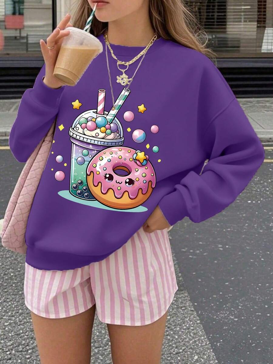 1 件女童可爱风格甜甜圈和珍珠奶茶印花长袖运动衫，面料柔软，适合春秋季日常休闲 - 紫色 - 查看 1