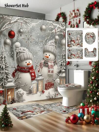 1/3/4 件冬季雪人圣诞浴帘浴室套装，防水耐磨配件，带 12 个挂钩 - 包括马桶座套、浴垫和地毯 - 防滑涤纶面料 - 可水洗 - 非常适合节日装饰、家居/卧室/房屋/西方装饰，