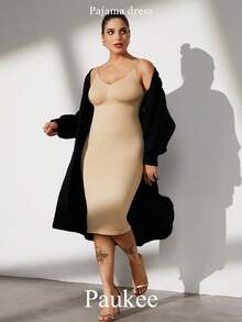 大码女士无缝塑身紧身连衣裙，收腰设计，黑色，收紧胸部、腹部和腰部，大码女士塑身吊带裙 - 杏色 - 查看 9