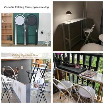 Folding Bar Stool Portable with Backrest Footrest, Counter Height Foldable Stool, White Tall Bar Folding Chair, Round Kitchen High Chair, Breakfast Camping Outdoor