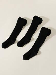 3 Pairs Girls' Basic Tight Leggings, Black Striped Skinny Tights, Suitable For Girls' Daily Wear - Black - View 3