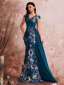 BluePlum Women's Elegant High-Quality Colorful Embroidered Sequin Patchwork Fitted Cap Sleeve Glamorous Luxurious Formal Cocktail Party Wedding Anniversary Family Celebration Bridal Shower Birthday Party Luxury Dignified Mother Of The Bride Dress (Heavy Embellishment) - Teal Blue - View 7