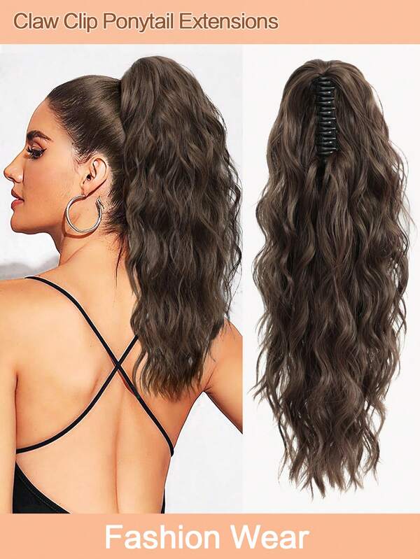 Claw Clip Ponytail Extension Water Wave Faux Jaw Hairpiece 18inch Hair Piece Chestnut Brown High Pony Tails Synthetic Heat Friendly Fiber For Women