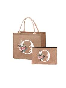 Mini Floral & Letter Print Linen Tote Bag, Women's Fashion Shopping Bag/Handbag/Grocery Bag, Teacher's Portable Tote Bag, Ideal Shopping Tote/Lunch Bag - Khaki - View 60