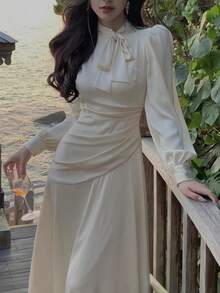 时尚新款女士优雅派对礼服缎面复古纯色别致舞会晚礼服 - 杏色 - 查看 5