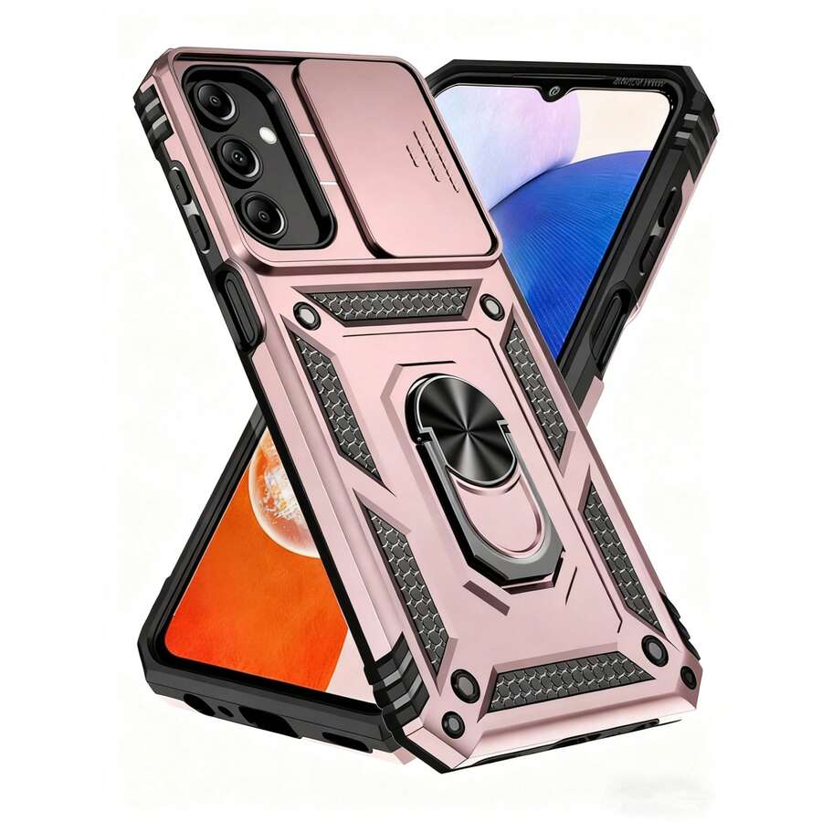 粉色，兼容三星Galaxy A55 A36 A26 A16 A54 A34 A14 A15 A05 5G手机壳，带滑动摄像头盖和内置360°旋转指环支架，磁吸式防震设计，也适用于Galaxy S25 S24 S23 S22 S21 S20 Plus Ultra FE，国际版，非国内版。