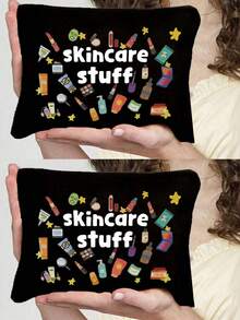 印有“护肤品”字样的时尚化妆包 - 拉链化妆品收纳袋，男女多功能旅行配件，无味轻巧设计，大号化妆包，女生洗漱包，旅行用品，姐妹和朋友的礼物，女朋友的情人节礼物，储物袋，洗漱包，手提包，女生礼物，情人节礼物，便携式折叠收纳袋（四色可选） - 彩色 - 查看 17